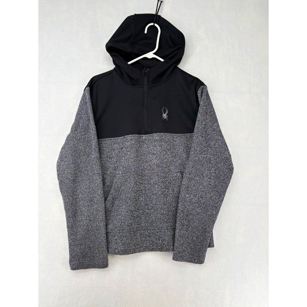 Spyder Fleece 1/4 Zip Hooded Pullover Hoodie Gray Black Logo Pockets Men's M
